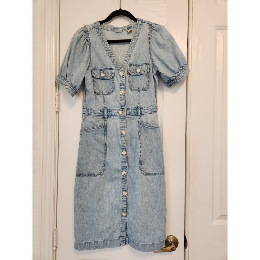 Levis Light Wash Puff Sleeve Nutton Denim Dress Button Front Midi Small